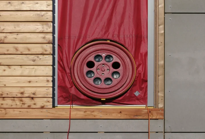 Blower door fan installed for testing air tightness