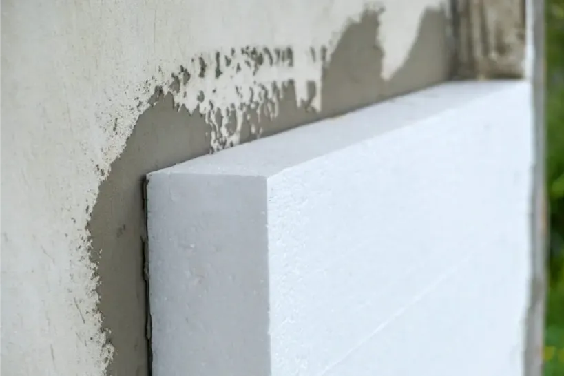 Close-up of foam board insulation being applied to an exterior wall for energy efficiency and moisture protection.