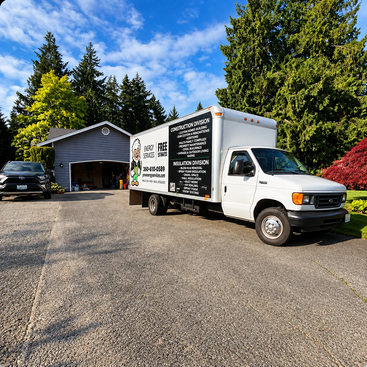 A white construction and insulation service truck is parked beside a garage