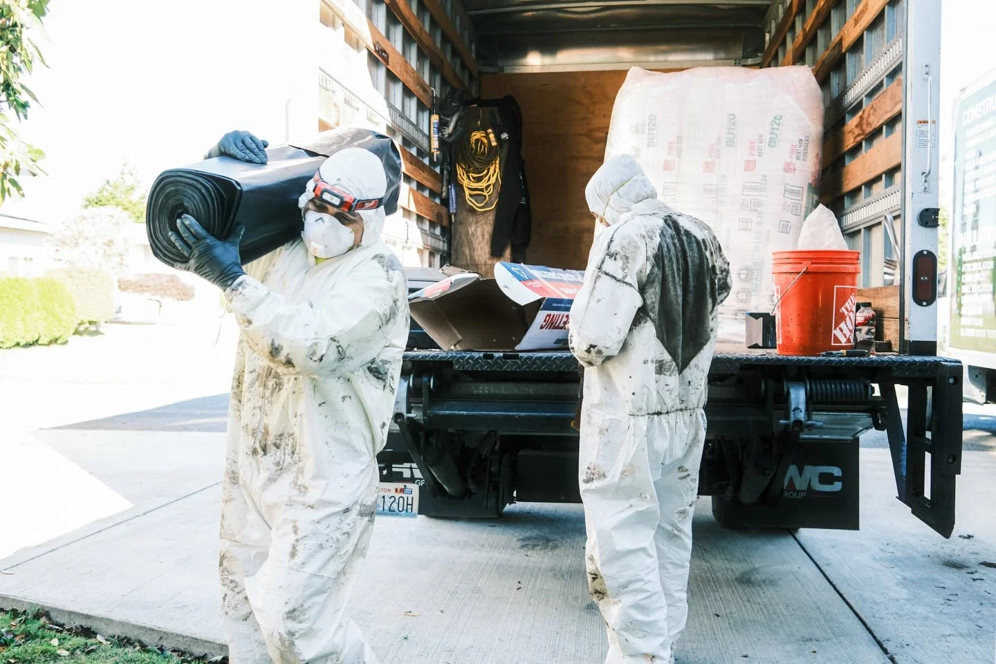 Working men wearing masks